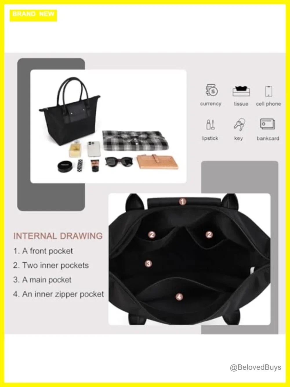Medium Work Tote Bag Lightweight Nylon Travel Purse with Pockets